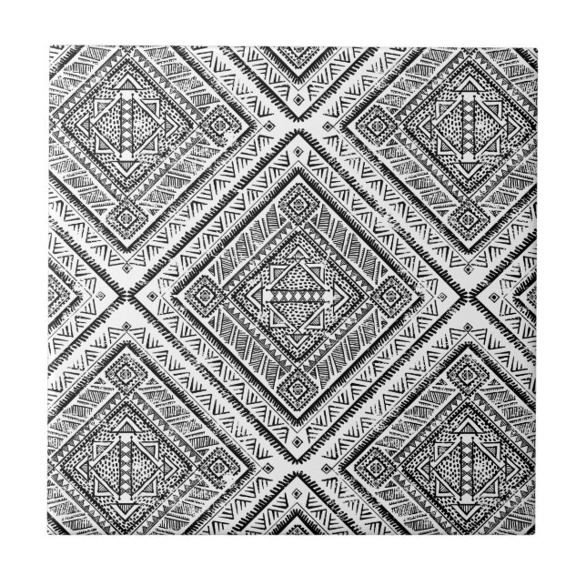 Azulejo De Cerâmica Padrão Tribal Aztec Preto e Branco Legal (Frente)