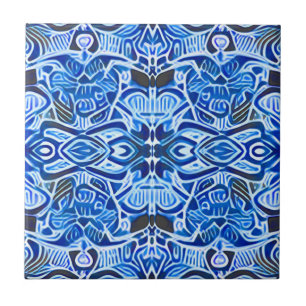 Azulejo De Cerâmica Padrão Tribal Batik em Azul e Branco Indigo