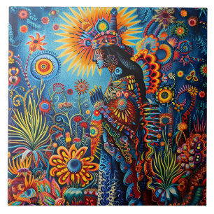 Azulejo De Cerâmica Padrão Tribal de Huichol, Abstrato, vibrante