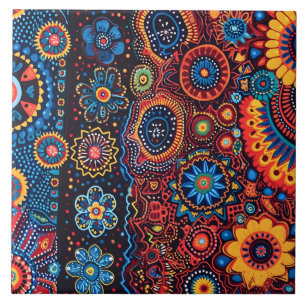 Azulejo De Cerâmica Padrão Tribal de Huichol, Abstrato, vibrante