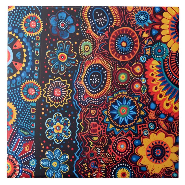 Azulejo De Cerâmica Padrão Tribal de Huichol, Abstrato, vibrante (Frente)