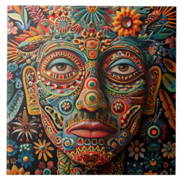 Azulejo De Cerâmica Padrão Tribal de Huichol, Abstrato, vibrante