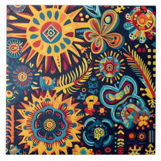 Azulejo De Cerâmica Padrão Tribal de Huichol, Abstrato, vibrante