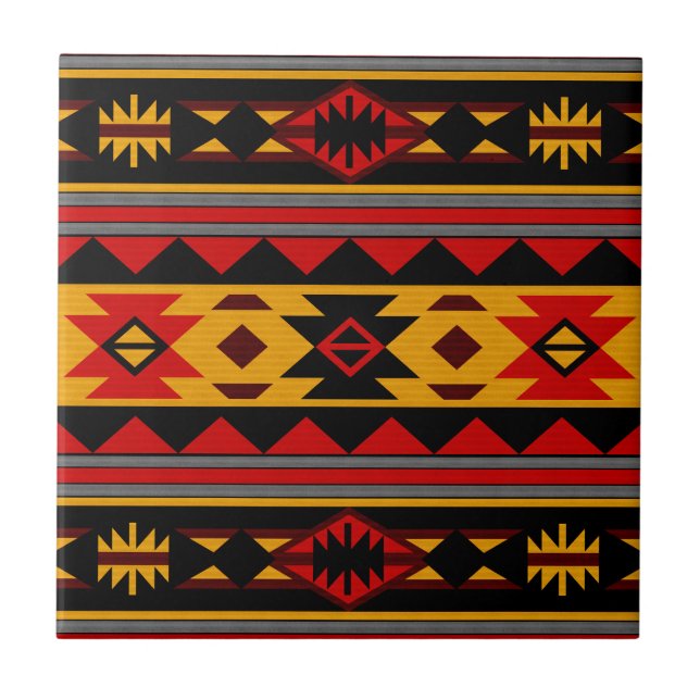 Azulejo De Cerâmica Padrão Tribal Dourado Vermelho Design do Sudoeste (Frente)