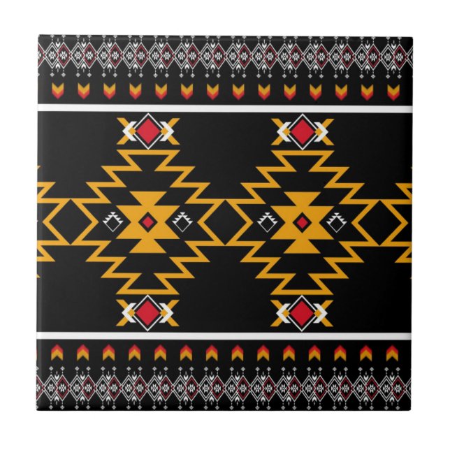 Azulejo De Cerâmica Padrão Tribal Nativo-Americano Negro-Amarelo (Frente)