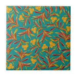 Azulejo De Cerâmica Padrão Tropical com Folhas Vermelhas e Amarelas