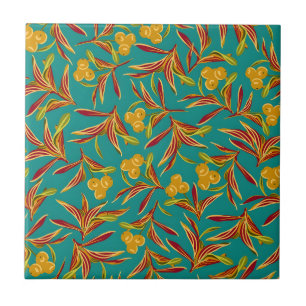 Azulejo De Cerâmica Padrão Tropical com Folhas Vermelhas e Amarelas
