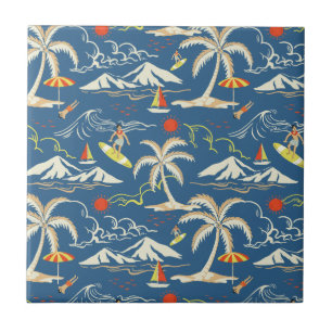 Azulejo De Cerâmica Padrão tropical do Surf retroativo