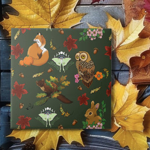 Azulejo De Cerâmica Padrão Verde de Animais da Floresta de Outono