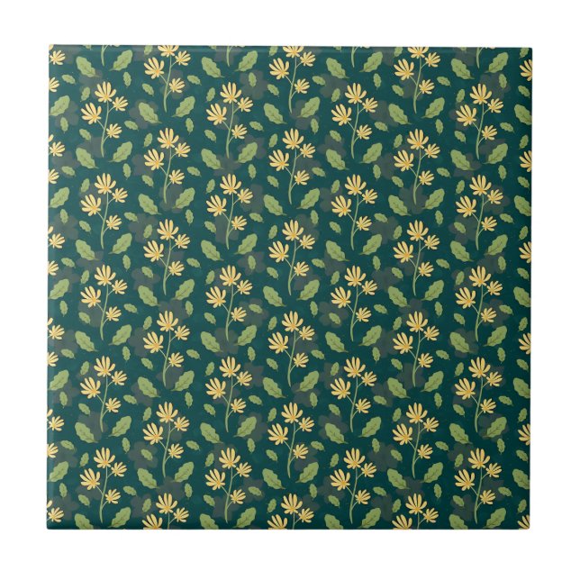 Azulejo De Cerâmica Padrão Verde Vibrante com Flores e Folhas Amarelas (Frente)