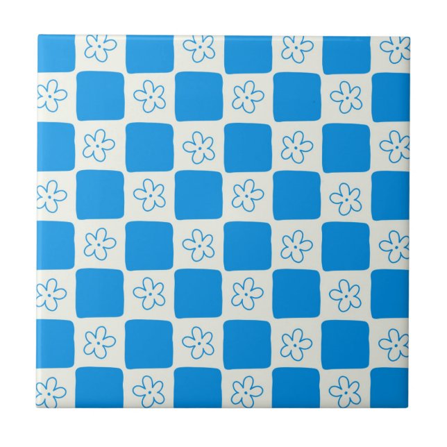 Azulejo De Cerâmica Padrão Verificado de Flor Azul de Pré-Disquete (Frente)