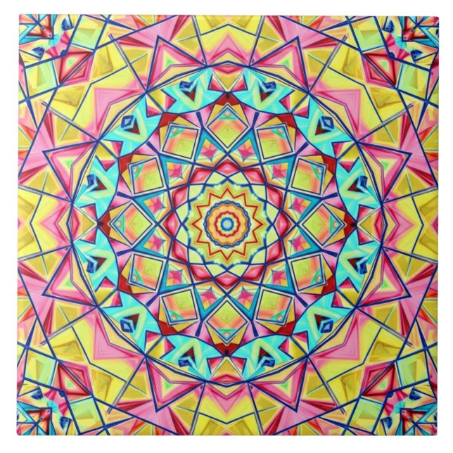 Azulejo De Cerâmica Padrão Vibrante de Caleidoscópio Geométrico (Frente)