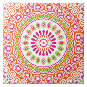 Azulejo De Cerâmica Padrão Vibrante de Mandala em Laranja e Verde Fúcs