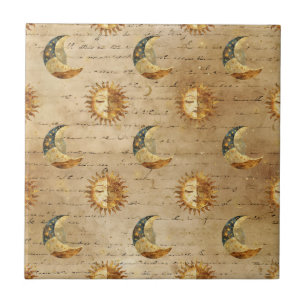 Azulejo De Cerâmica Padrão Vintage de Astrologia Sol Lua Celestial Dou