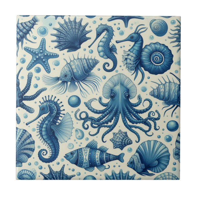 Azulejo De Cerâmica Padrão Vintage Sealife (Frente)