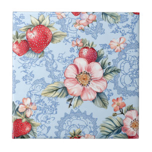 Azulejo De Cerâmica Padrão Vintage Strawberry & Flowers