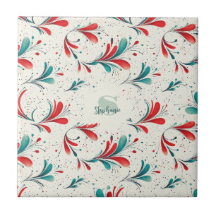 Azulejo De Cerâmica Padrão Whimsical Blue e Red Paisley Leaf (2)