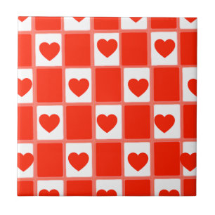 Azulejo De Cerâmica Padrão Xadrez Coração Vermelho Retrô