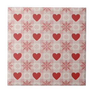 Azulejo De Cerâmica Padrão Xadrez de Floco de Neve Rosa Corações Verme