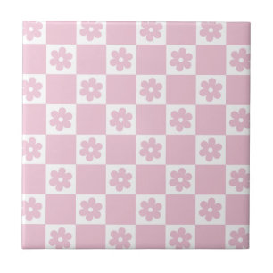 Azulejo De Cerâmica Padrão xadrez de flor rosa