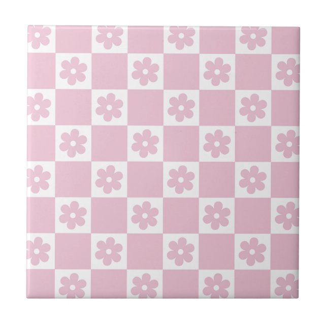 Azulejo De Cerâmica Padrão xadrez de flor rosa (Frente)