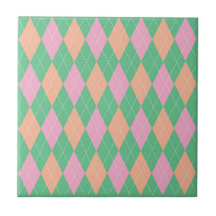 Azulejo De Cerâmica Padrão Xadrez Escocês Verde Laranja Rosa Elegante