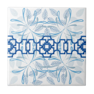 Azulejo De Cerâmica Padrão Zen de Chinoiserie Floral Geométrica Azul