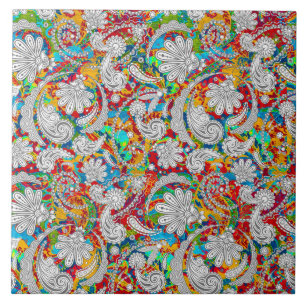 Azulejo De Cerâmica padrões brancos de paisley brancos e coloridos