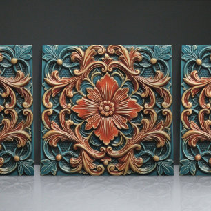 Azulejo De Cerâmica Padrões Floral Victorian Teal Orange Leaf