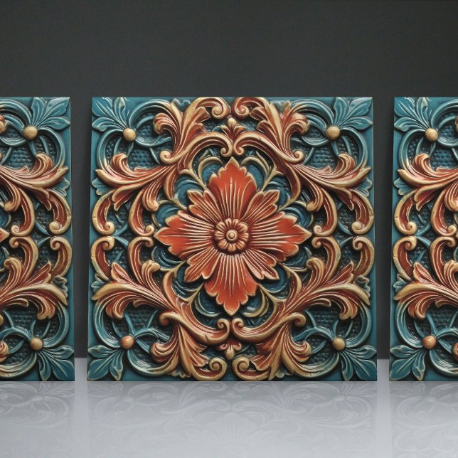 Azulejo De Cerâmica Padrões Floral Victorian Teal Orange Leaf (Criador carregado)