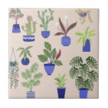 Azulejo De Cerâmica Padrões Suculentos Cactus Blush Pink<br><div class="desc">Pintura de plantas caseiras,  cactos e suculentos em potes azuis e brancos para jardineiros interiores e pessoas de plantas loucas.</div>