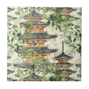 Azulejo De Cerâmica Pagoda Asiática de Aquarela na Paisagem Verdante (