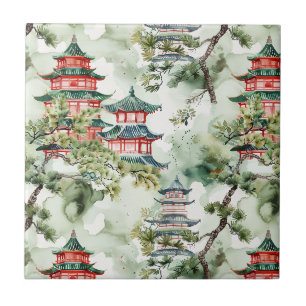 Azulejo De Cerâmica Pagoda Asiática de Aquarela na Paisagem Verdante (