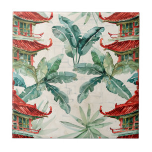 Azulejo De Cerâmica Pagoda Asiática de Aquarela na Paisagem Verdante (