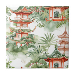 Azulejo De Cerâmica Pagoda Asiática de Aquarela na Paisagem Verdante (