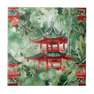 Azulejo De Cerâmica Pagoda Asiática de Aquarela na Paisagem Verdante (