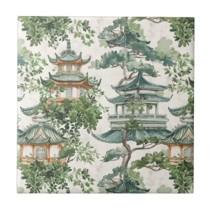 Azulejo De Cerâmica Pagoda Asiática de Aquarela na Paisagem Verdante (
