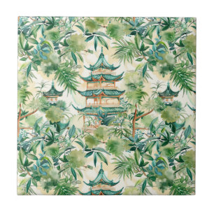 Azulejo De Cerâmica Pagoda Asiática de Aquarela na Paisagem Verdante (