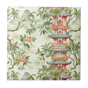 Azulejo De Cerâmica Pagoda Asiática de Aquarela na Paisagem Verdante (