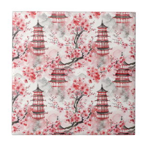 Azulejo De Cerâmica Pagoda Chinesa Aquarela com Blossomas de Cereja (9
