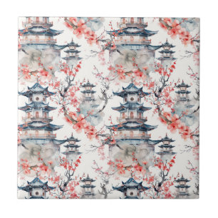 Azulejo De Cerâmica Pagoda Chinesa Aquarela com Flores de Cereja (4)