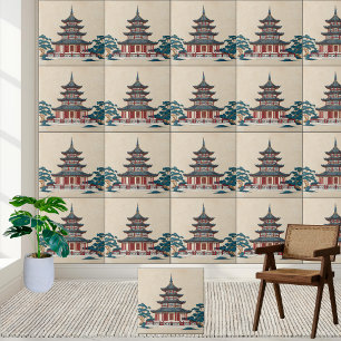 Azulejo De Cerâmica Pagoda Chinoiserie Azul e Vermelha - Inspirada na 