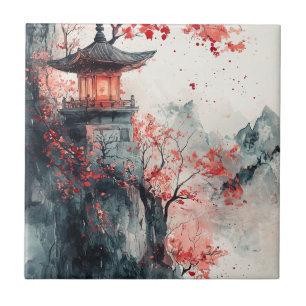 Azulejo De Cerâmica Pagode da Sakura Carmesim Aquarela
