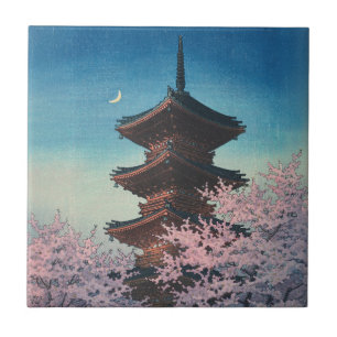 Azulejo De Cerâmica Pagode de uma Primavera Japonesa ao anoitecer em X