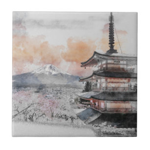 Azulejo De Cerâmica Pagode Japonesa em Aquarela & Fuji