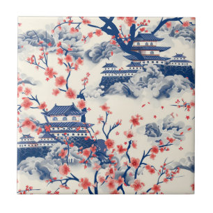 Azulejo De Cerâmica Pagode Japonesa Flor de Cerejeira Azul Creme