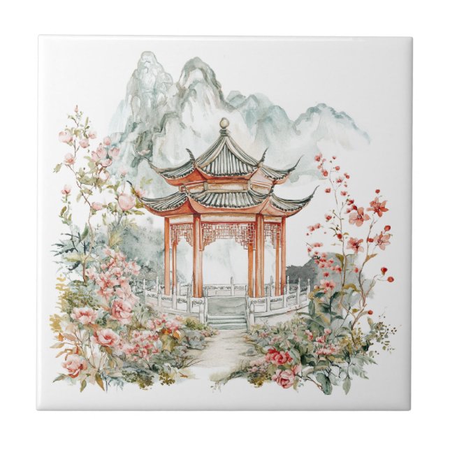 Azulejo De Cerâmica Pagode Toile De Jouy Chinesice  (Frente)