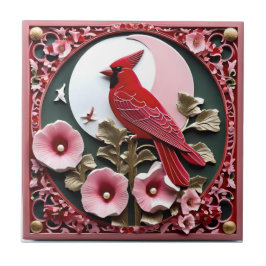 Azulejo De Cerâmica Painel Esculpido Oriental: Cardeal e Hollyhocks