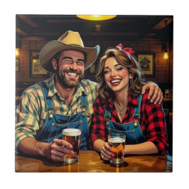 Azulejo De Cerâmica País de Vaquero Fofo e Casal de Bar Western