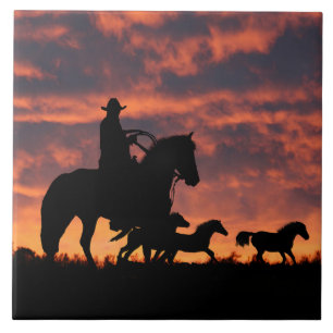 Azulejo De Cerâmica País Ocidental Cowboy Roundup Herd de Cavalos